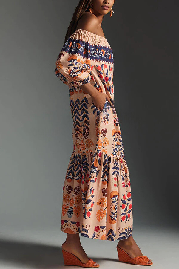 Island Lover Printed Off the Shoulder Pocketed Flowy Midi Dress