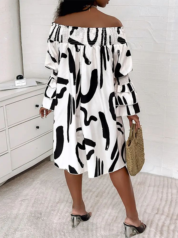 Flared Sleeves Long Sleeves Elasticity Falbala Printed Off-the-shoulder Midi Dresses