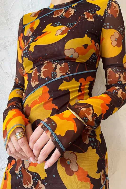 Sheer Long Sleeve Split Maxi Dress
