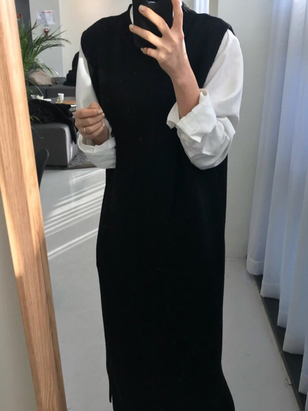 Urban Loose Sleeveless Color Round-neck Midi Dresses Sweater Dresses