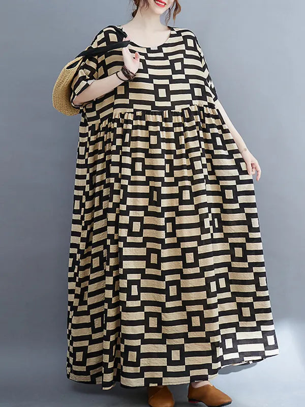 Loose Short Sleeves Plaid Round-neck Midi Dresses