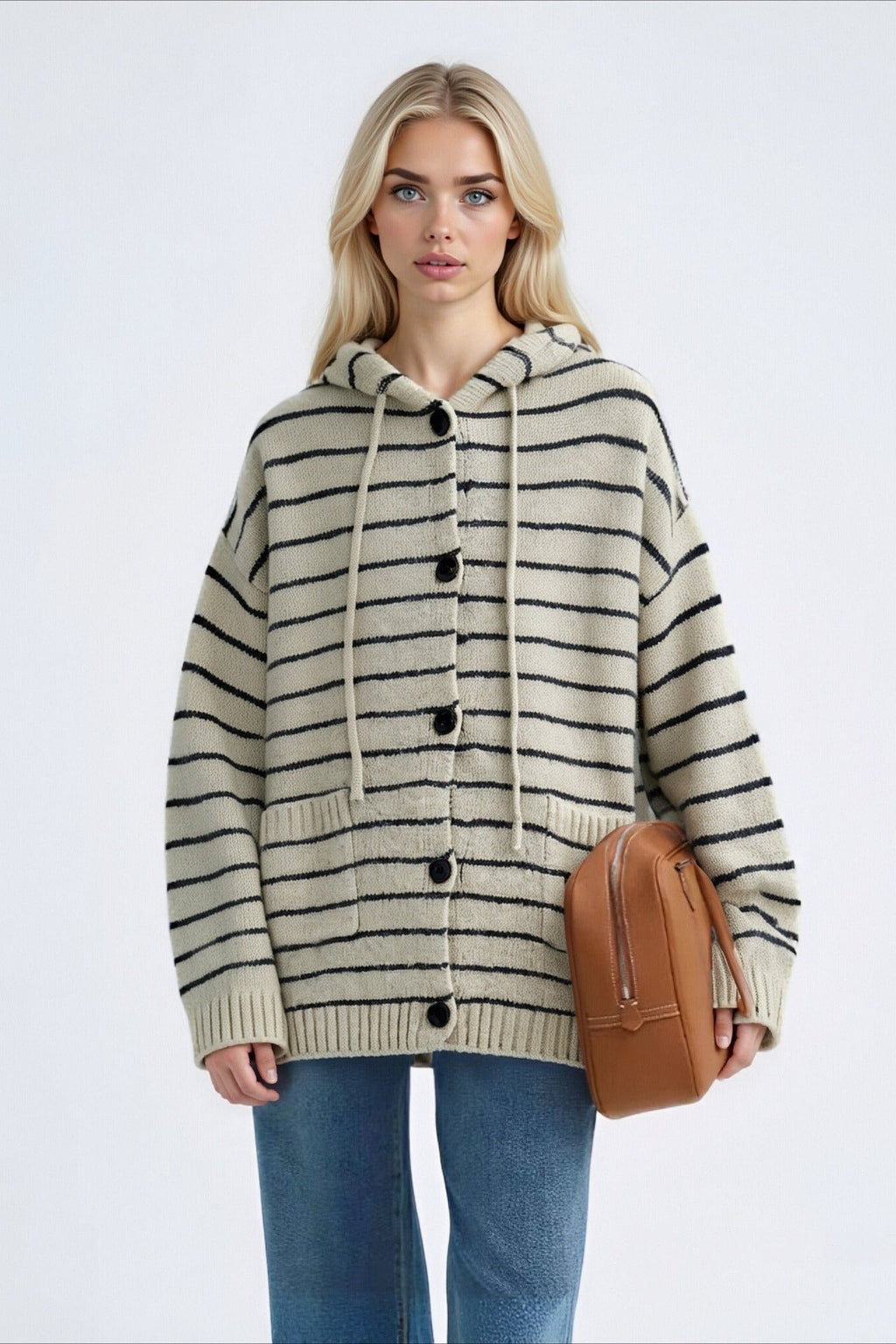 Stripe Hooded Retro Drawstring Pocket Knit Cardigan