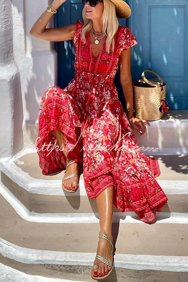 Summer in Greece Print Ruffle Sleeve Elastic Waist High-low Midi Dress