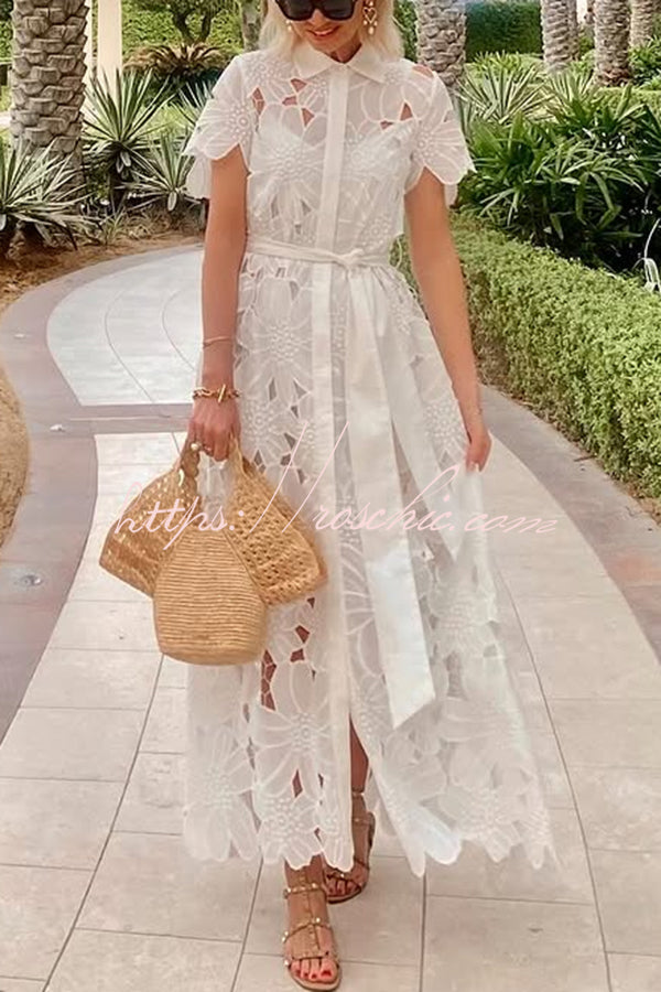 Dubai Style Crochet Lace Short Sleeve Tie-up Shirt Maxi Dress