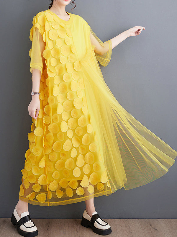 Loose Short Sleeves Asymmetric Gauze Split-joint Round-neck Midi Dresses
