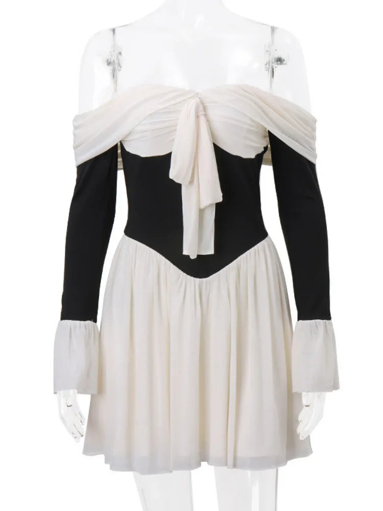 Strapless Backless Mini Dress for New Off-shoulder Long Flare Sleeve Pleated Club Party Dress