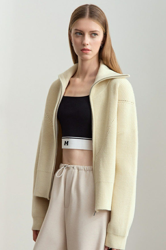 Naval-collar Zip Lazy-style Thick Knit Cardigan