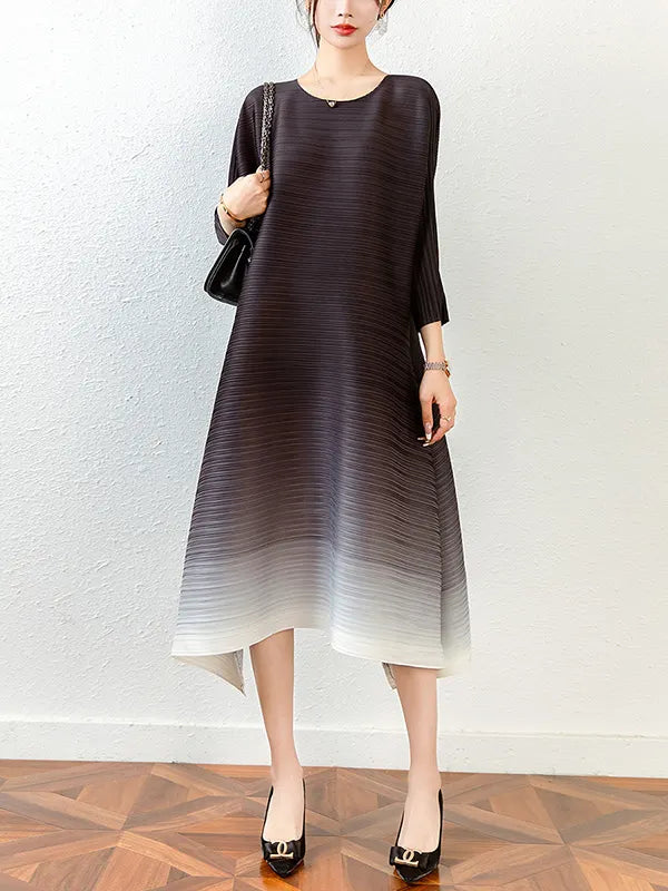 Original Long Sleeves Loose Pleated Gradient Round-neck Midi Dresses