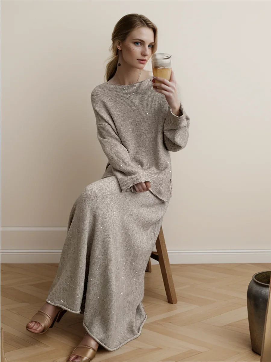 Soft Suits 2 Pieces Female Sets Slash Neck Sweater & Midi Dress Bling Knitted Tracksuit