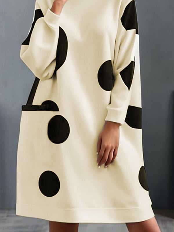 Long Sleeves Loose Pockets Polka-dot Mock Neck Midi Dresses