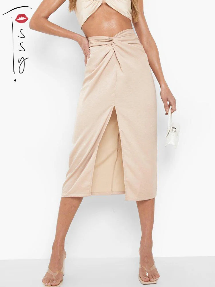 Satin High Splite Out Skirts Folds Irregular High Waist Bodycon Long Skirts Female French Style Outwears