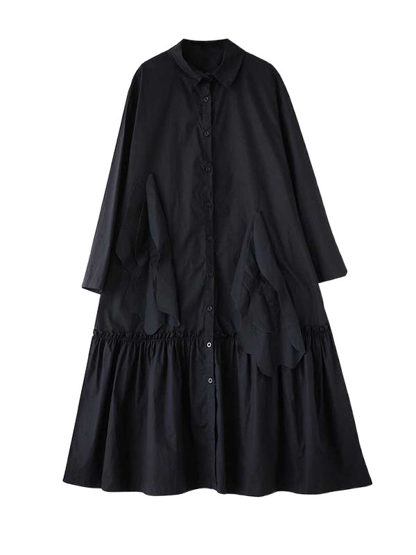 A-line Long Sleeves Buttoned Pleated Pockets Color Split-joint Lapel Midi Dresses
