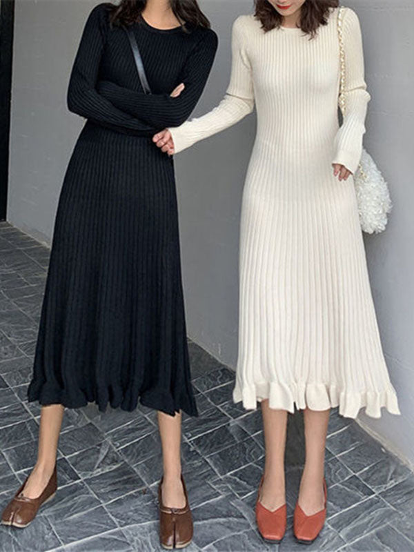 Long Sleeves Loose Ruffled Color Round-neck Midi Dresses Sweater Dresses