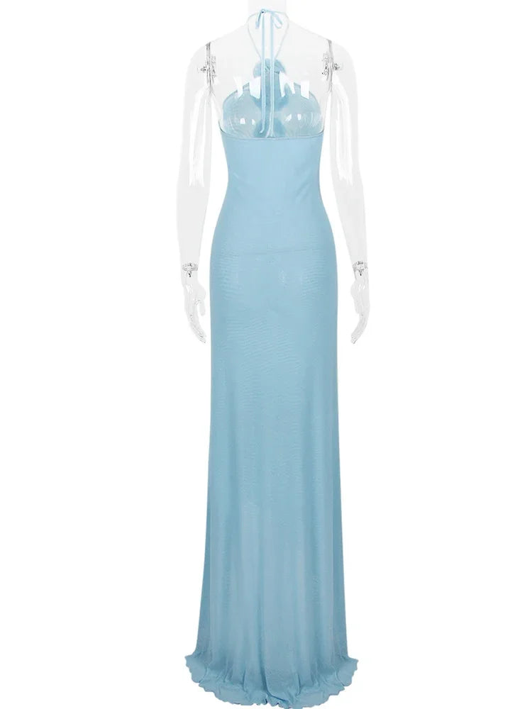 Flower Splice Mesh Bodycon Dress for Summer Slim Long Dresses ’s Party Backless Evening Dress Woman