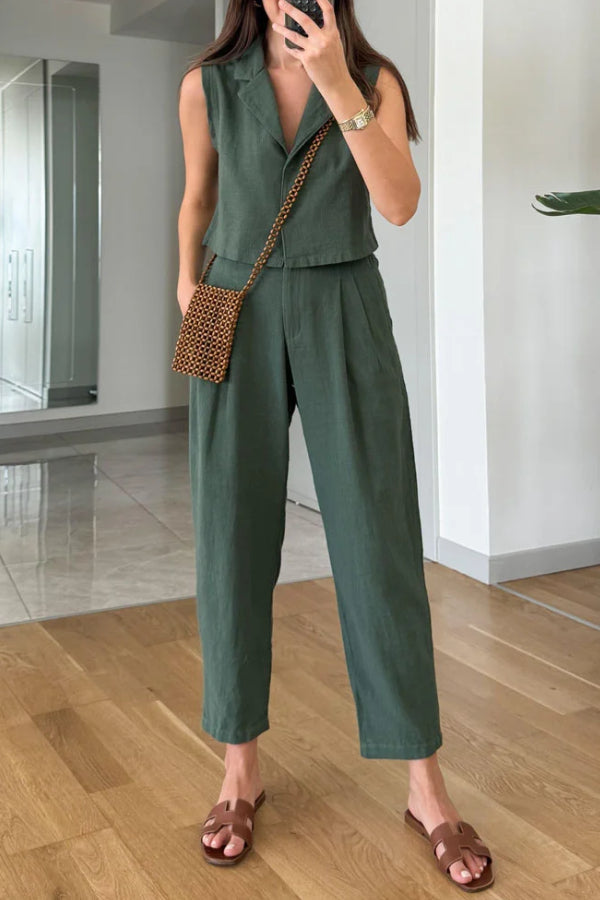 Lapel Vest & Pants Cotton Linen Two-piece Set