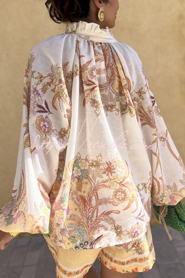 Botanical Print Palace Style Stand-up Collar Lantern Sleeve Loose Top and Shorts Set