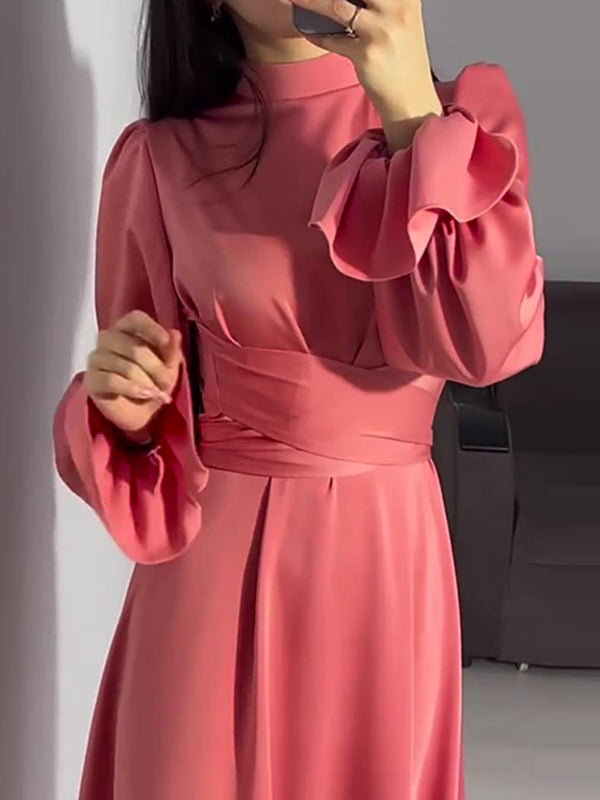 A-line Long Sleeves Pleated Color Tied Waist Zipper Mock Neck Maxi Dresses