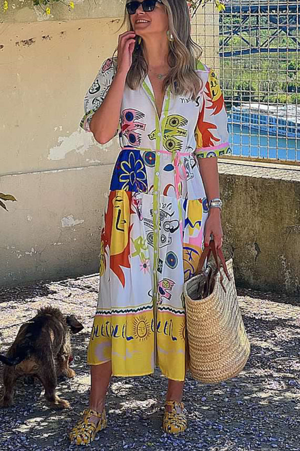 Chasing the Sun Unique Print Pocketed Shirt Midi Dress
