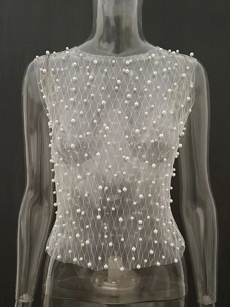 Pearl Mesh See-through Tank Top Sleeveless Round Neck Losse Summer Short T-shirt Female Y2k Vest