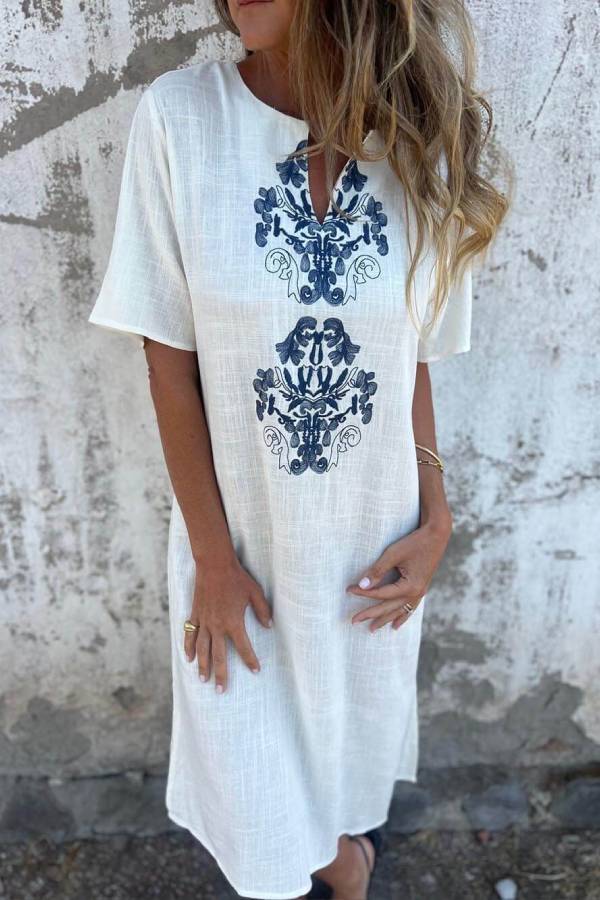 Print Linen Loose Midi Dress