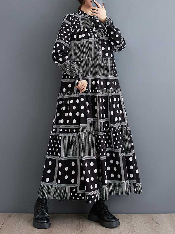 Long Sleeves Loose Buttoned Polka-dot Printed Split-joint Midi Dresses
