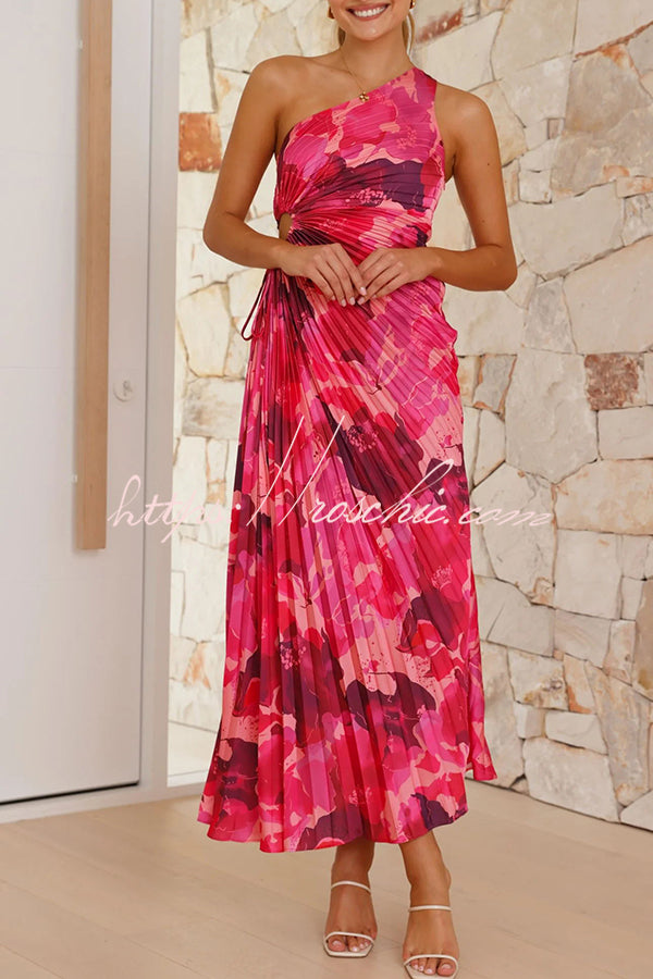 Laken Print One Shoulder Adjustable Tie Cutout Pleated Maxi Dress