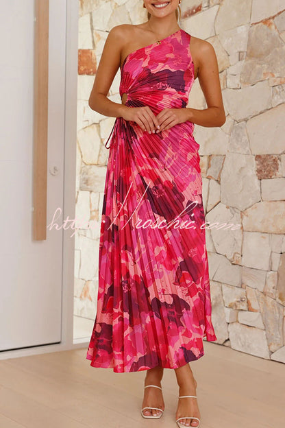 Laken Print One Shoulder Adjustable Tie Cutout Pleated Maxi Dress
