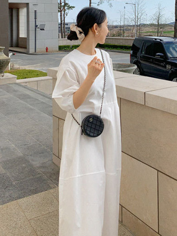 Round-neck Bishop Sleeve Loose Color Midi Dress