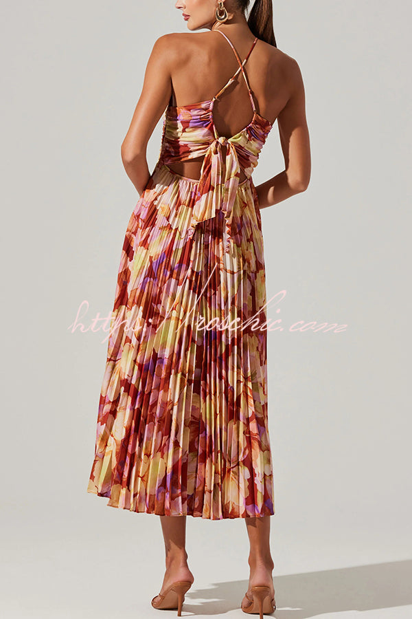 Wedding Party Season Print Pleated Back Tie-up Midi Dress