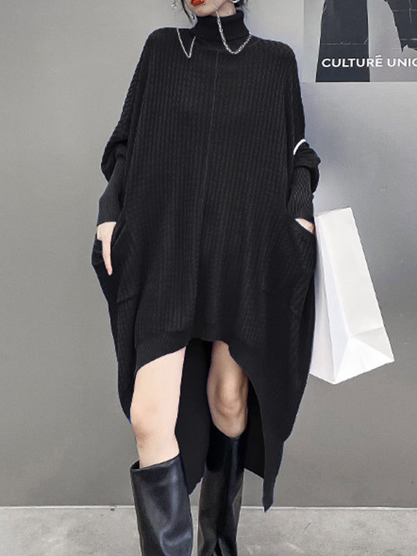 Batwing Sleeves High-low Pockets Color High-neck Midi Dresses Sweater Dresses