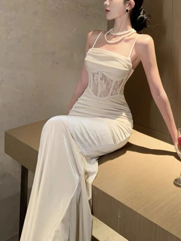 Bodycon Long Dresses for Evening Party Prom Robe Wedding Dress Velvet Lace Patchwork Spaghetti Strap Slim Vestidos