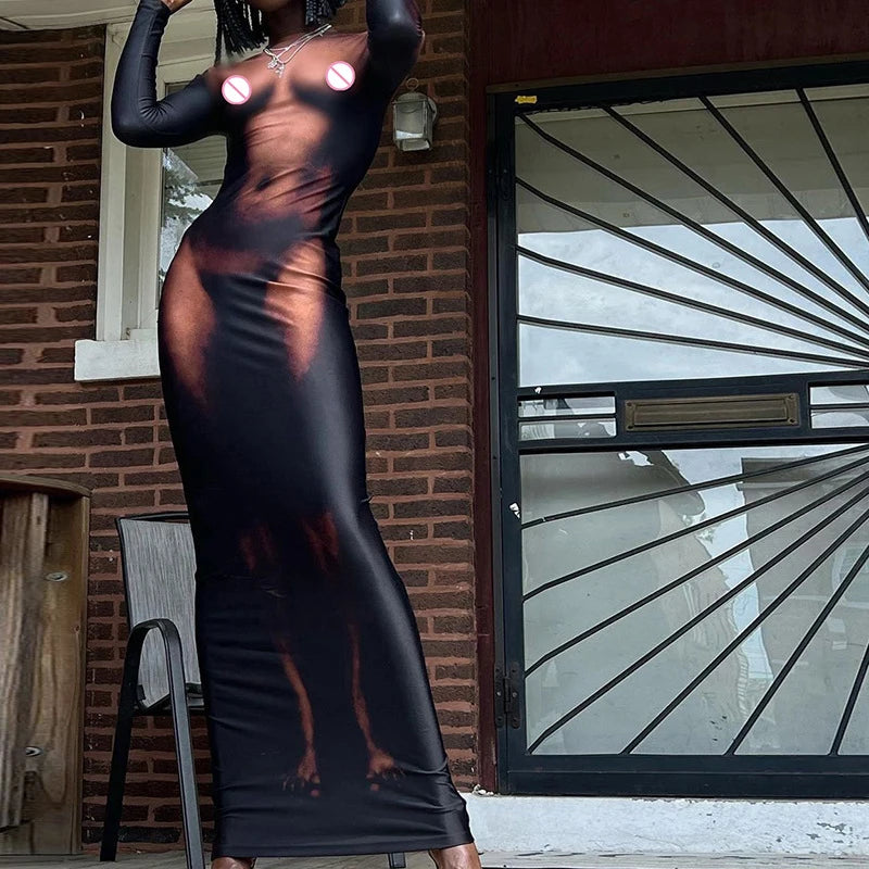 Y2k 3d Body Print Maxi Dress Long Sleeve Unique Body-shaping Attirewear Robe Party