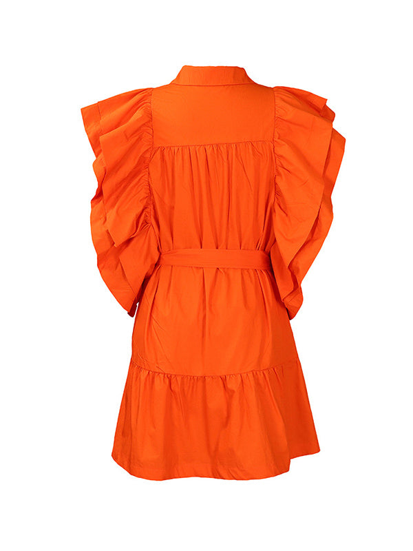 A-line High Waisted Buttoned Pleated Ruffled Color Tied Waist Lapel Mini Dresses