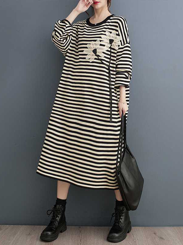 A-line Long Sleeves Contrast Color Flower Print Keep Warm Striped Round-neck Midi Dresses