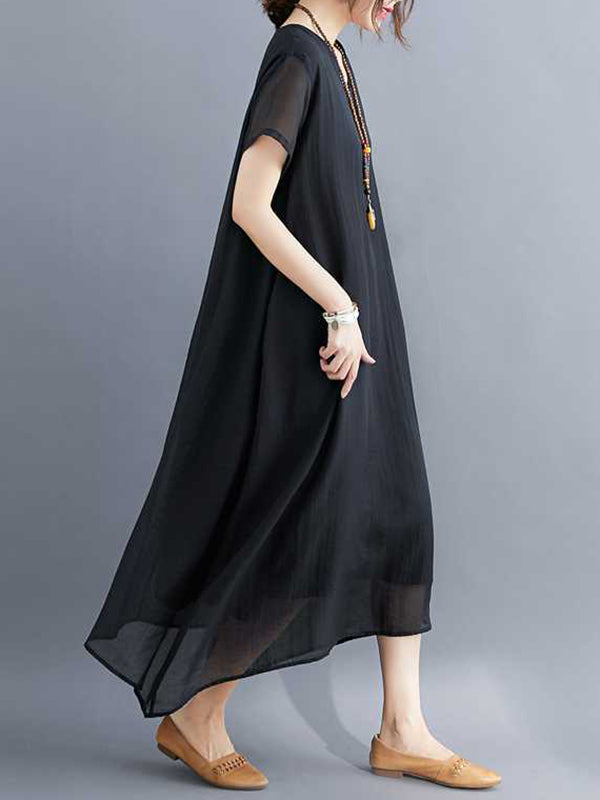 A-line Loose Color V-neck Midi Dresses