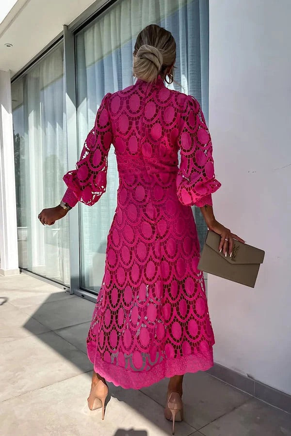 Romantic, Sensual and Crochet Lace Lantern Sleeve Party Midi Dress