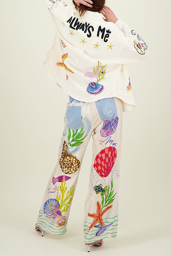 Dream Ocean Satin Unique Print Back Elastic Waist Pocketed Wide Leg Pants