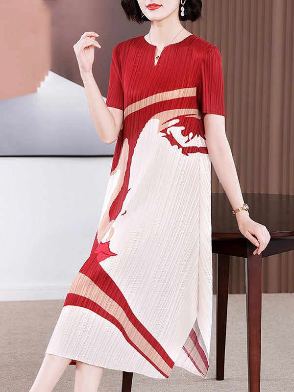 A-line Loose Figure Pleated V-neck Midi Dresses