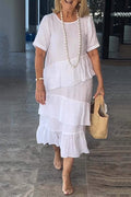 Linen Blend Color Round Neck Loose Midi Dress