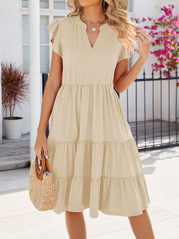 Loose Ruffle Sleeves Pleated Pockets Color Split-joint V-neck Midi Dresses