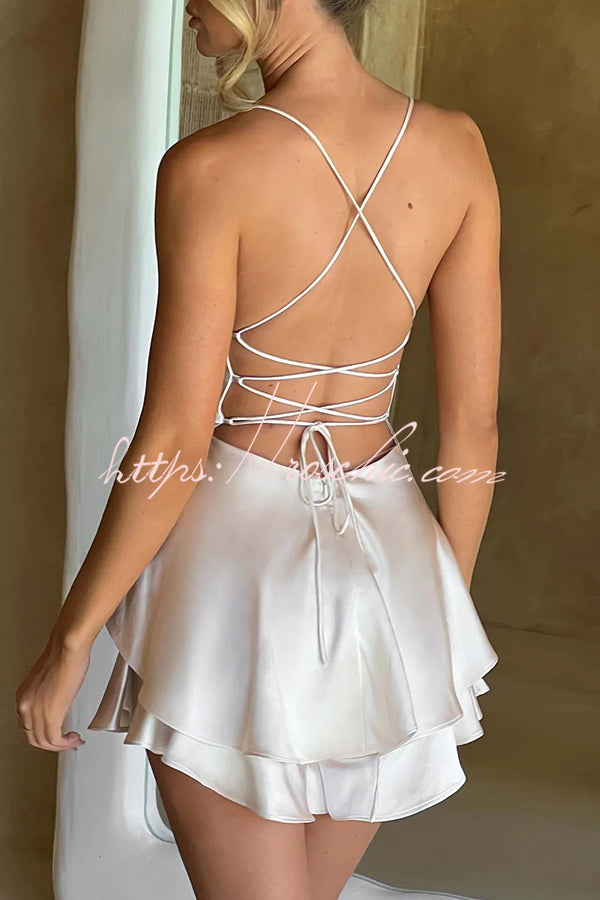 Ruffled Satin Strappy Satin Backless Lace Up Mini Dress
