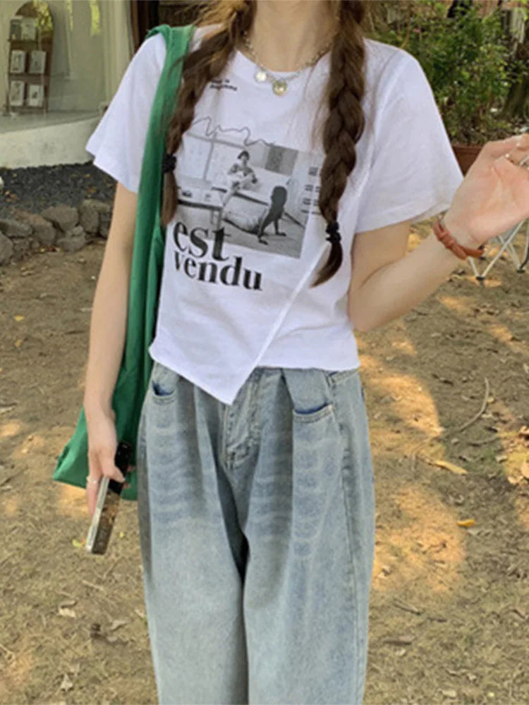 Woman T-shirts Summer Short Sleeve T Shirt Graphic Tee Tops Korean Style Tshirt Femme Y2k Clothes