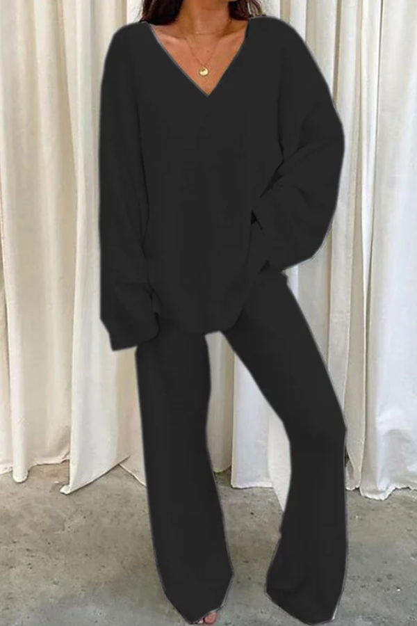 Comfortable Color V-neck Daily Two-piece Set