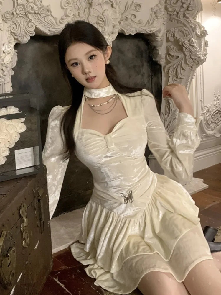Y2k Velvet Mini Dress Square Collar Bodycon Layered Ruffles A-line Autumn Winter Princess Evening Party Prom Vestido Mujer