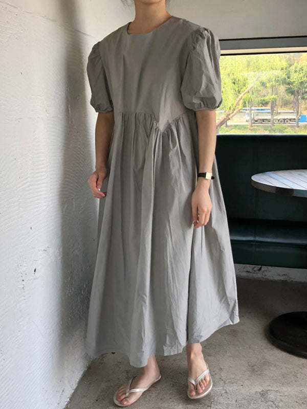 Original Loose Color Pleated Puff Sleeves Midi Dress