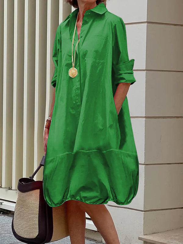 Long Sleeves Loose Color Lapel Collar Midi Dresses Shirt Dress