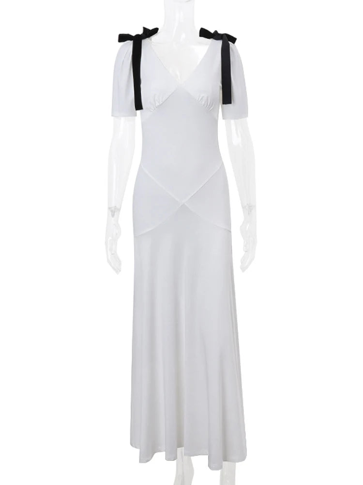 Tee Bow Lace-up Long Dress for High Waist Short Sleeve Slim Party Dress Bandage Maxi Dress