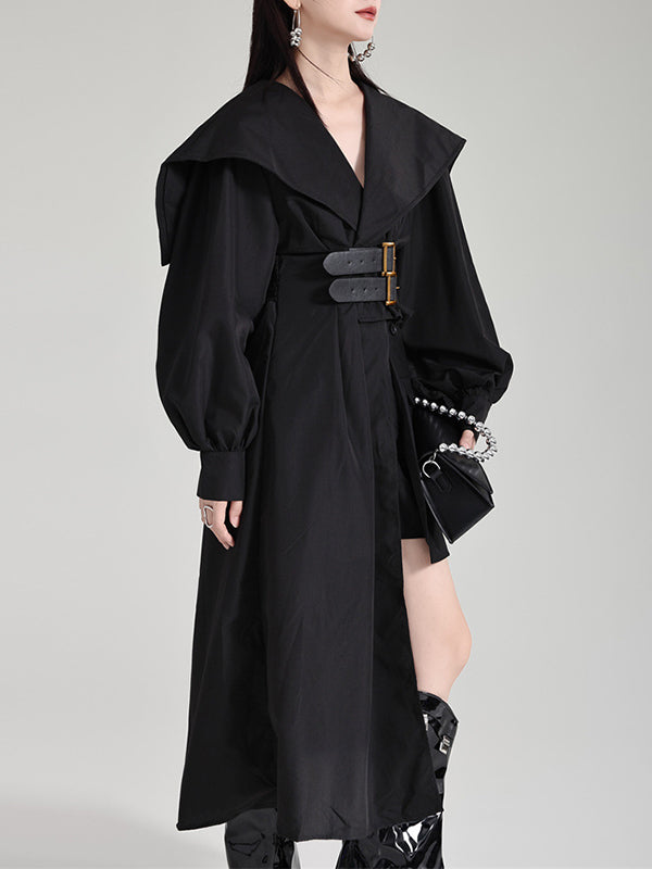 High Waisted Long Sleeves Asymmetric Belted Pleated Color Lapel Midi Dresses