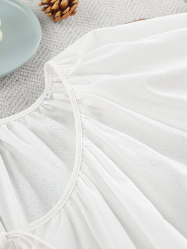 Loose Puff Sleeves Lace-up Pleated See-through Color V-neck Mini Dresses Sleep Dress
