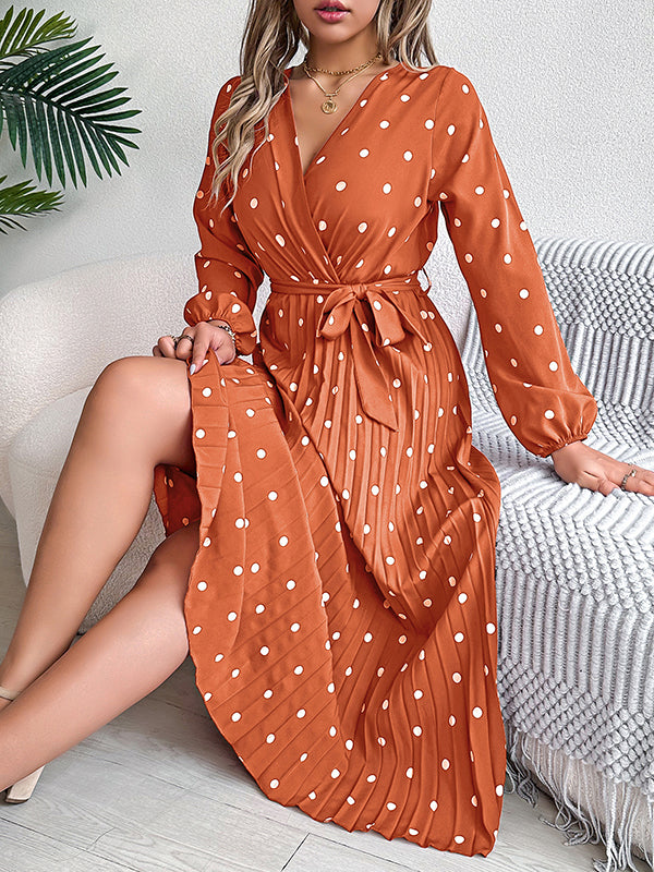 A-line High Waisted Elasticity Pleated Polka-dot Split-joint Tied Waist V-neck Midi Dresses Shirt Dress
